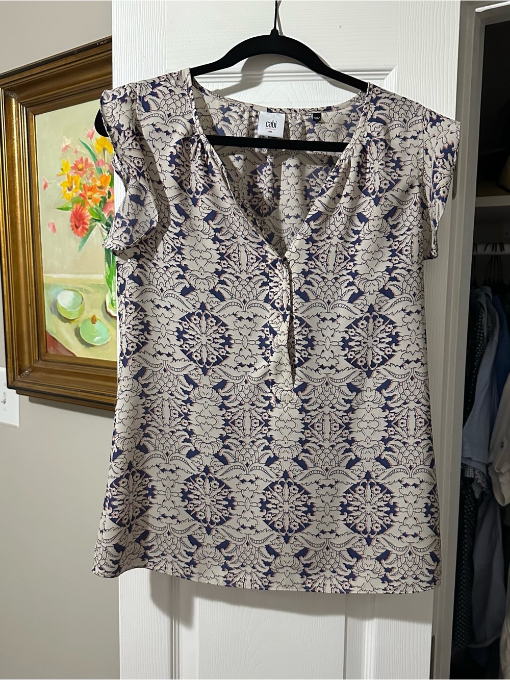 CAbi Ivory Blouse with Navy Lace-Style Print